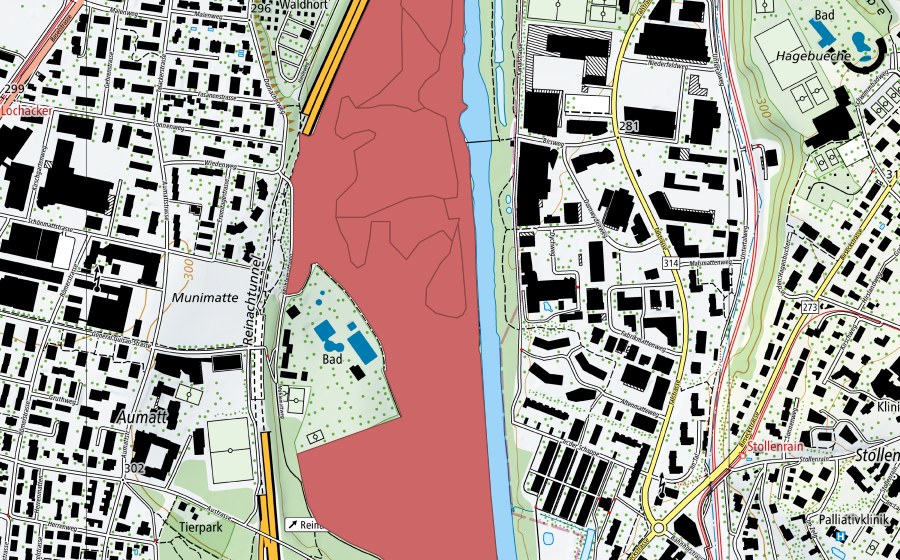 Landeskarte swisstopo mit dem Schutzperimeter von Reinacherheide (Trockenwiese)