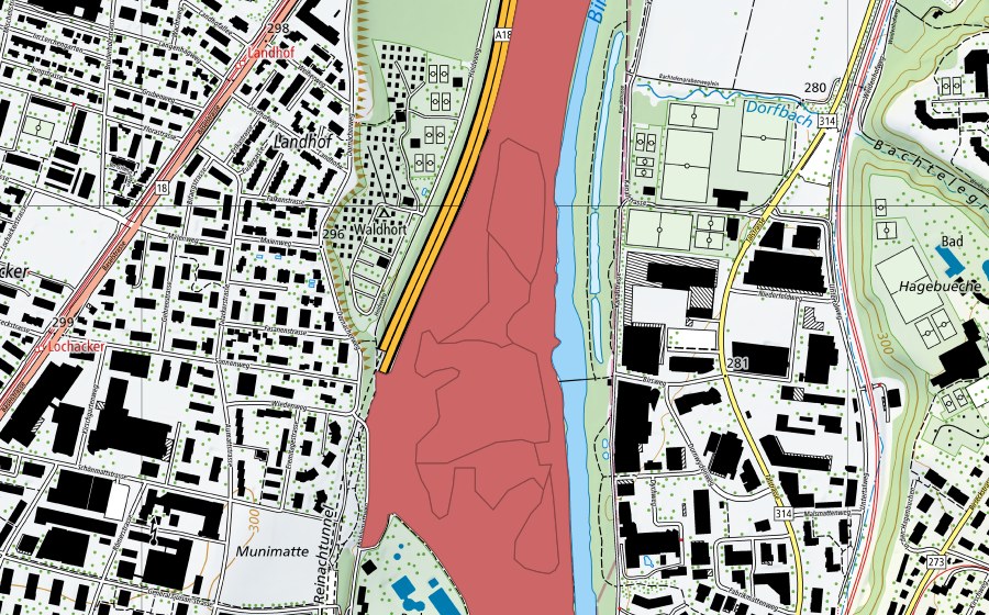 Landeskarte swisstopo mit dem Schutzperimeter von Reinacherheide (Trockenwiese)