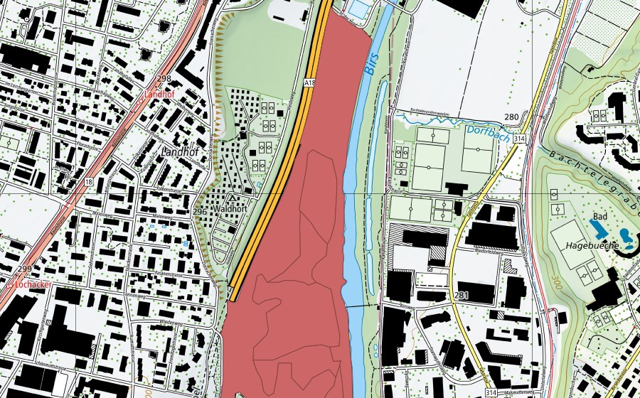 Landeskarte swisstopo mit dem Schutzperimeter von Reinacherheide (Trockenwiese)