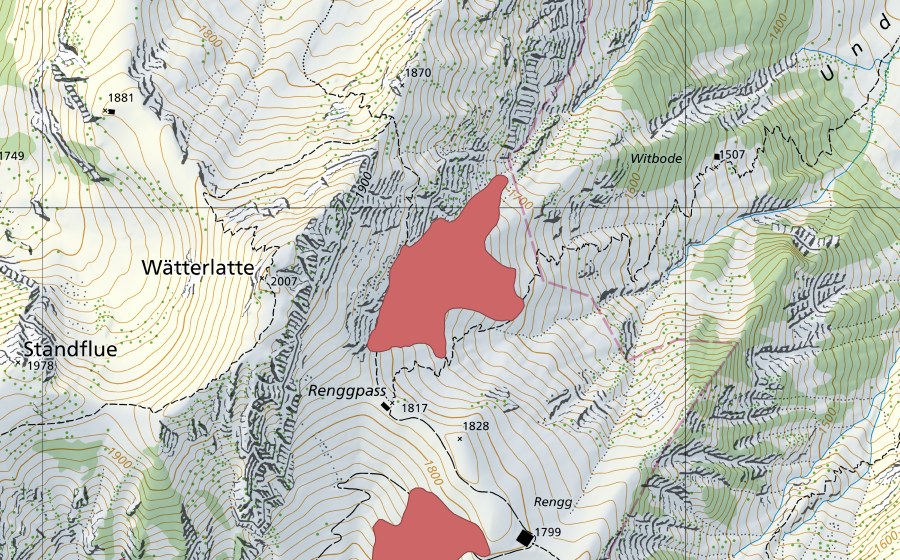 Landeskarte swisstopo mit dem Schutzperimeter von Renggpass (Trockenwiese)