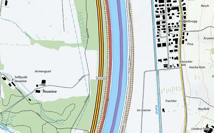 Carte nationale swisstopo avec le périmètre protégé de Rheindamm Alberwald (Prairie sèche)