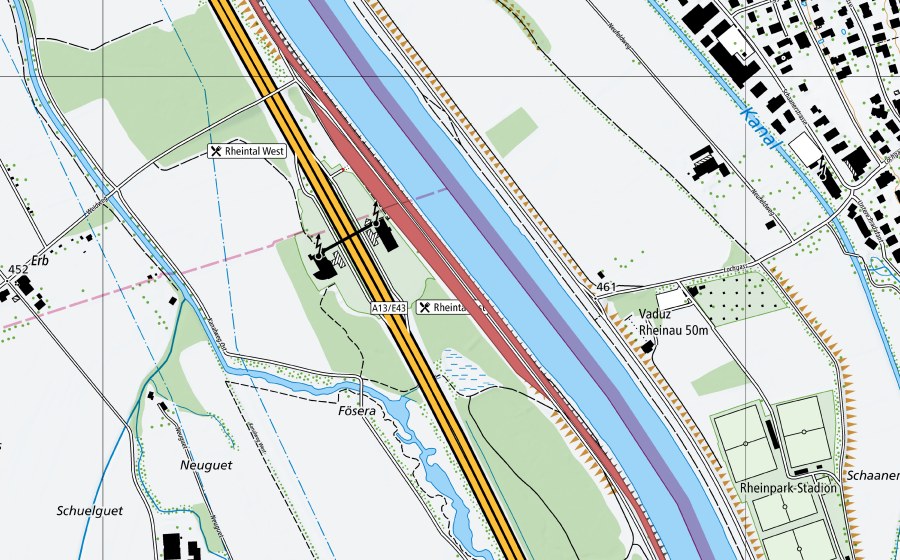 Landeskarte swisstopo mit dem Schutzperimeter von Rheindamm Burgerau (Trockenwiese)