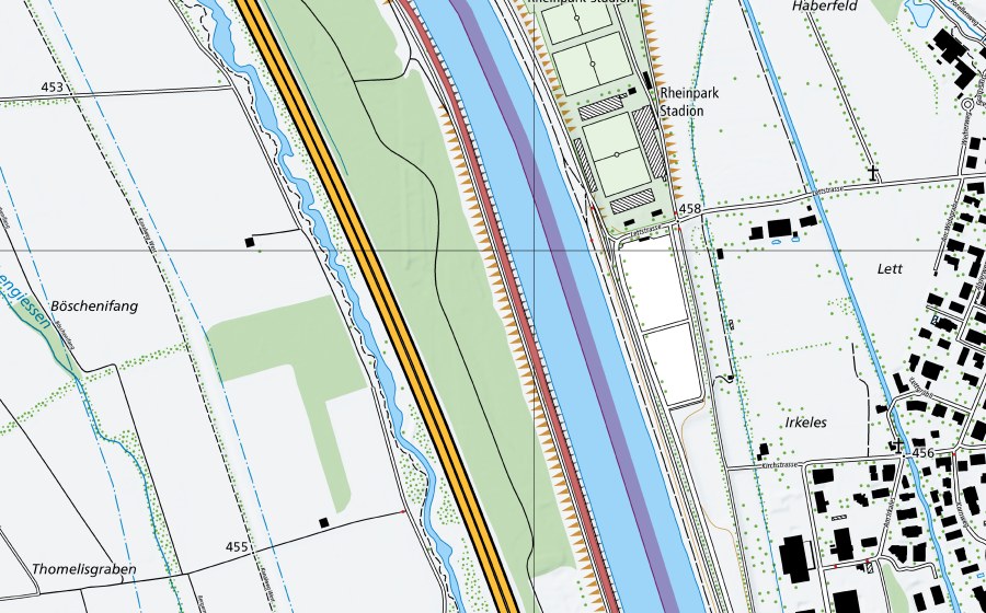 swisstopo national map showing the protected perimeter of Rheindamm Burgerau (Dry meadow)