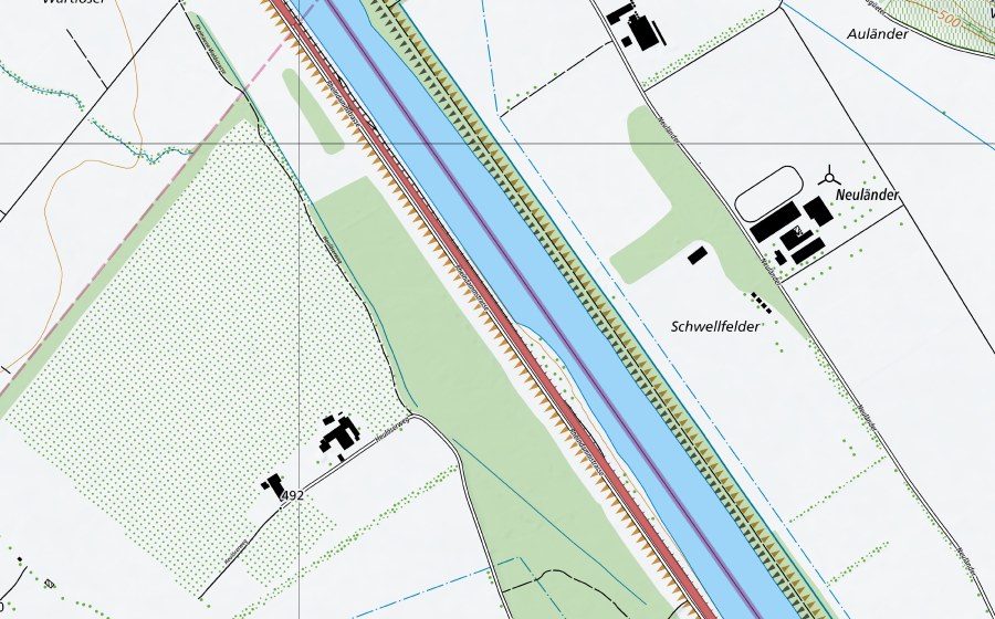 Landeskarte swisstopo mit dem Schutzperimeter von Rheindamm Melser Au (Trockenwiese)