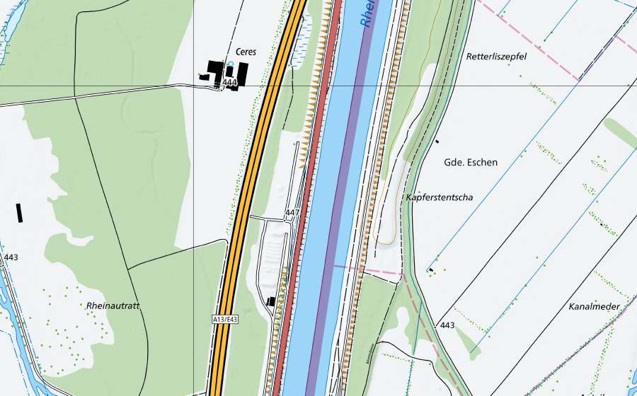 Landeskarte swisstopo mit dem Schutzperimeter von Rheindamm Rheinau (Trockenwiese)