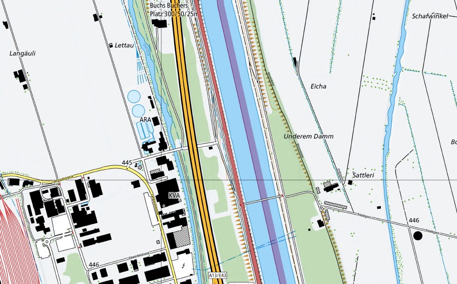 Landeskarte swisstopo mit dem Schutzperimeter von Rheindamm Rheinau (Trockenwiese)
