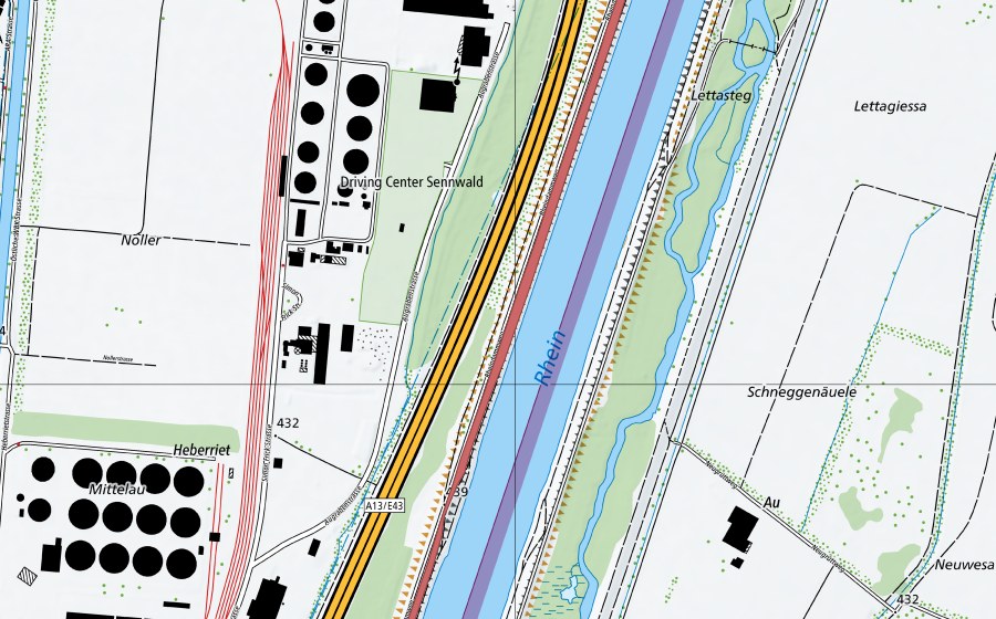 swisstopo national map showing the protected perimeter of Rheindamm Sennwald (Dry meadow)
