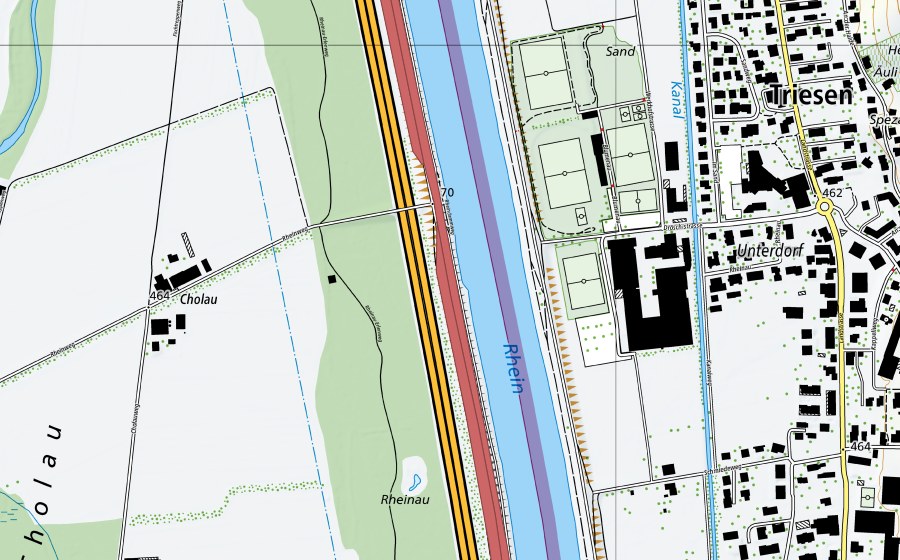 Landeskarte swisstopo mit dem Schutzperimeter von Rheindamm Sevelen (Trockenwiese)