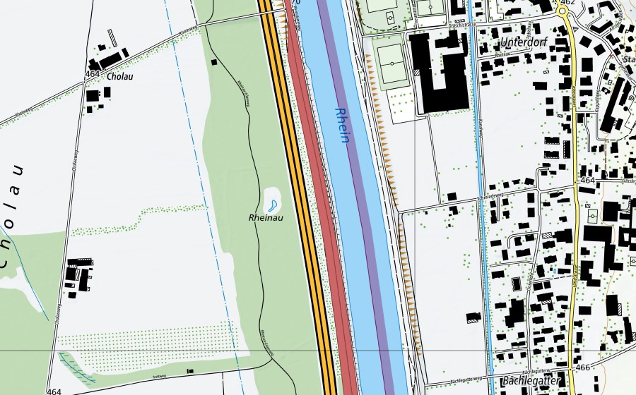 swisstopo national map showing the protected perimeter of Rheindamm Sevelen (Dry meadow)