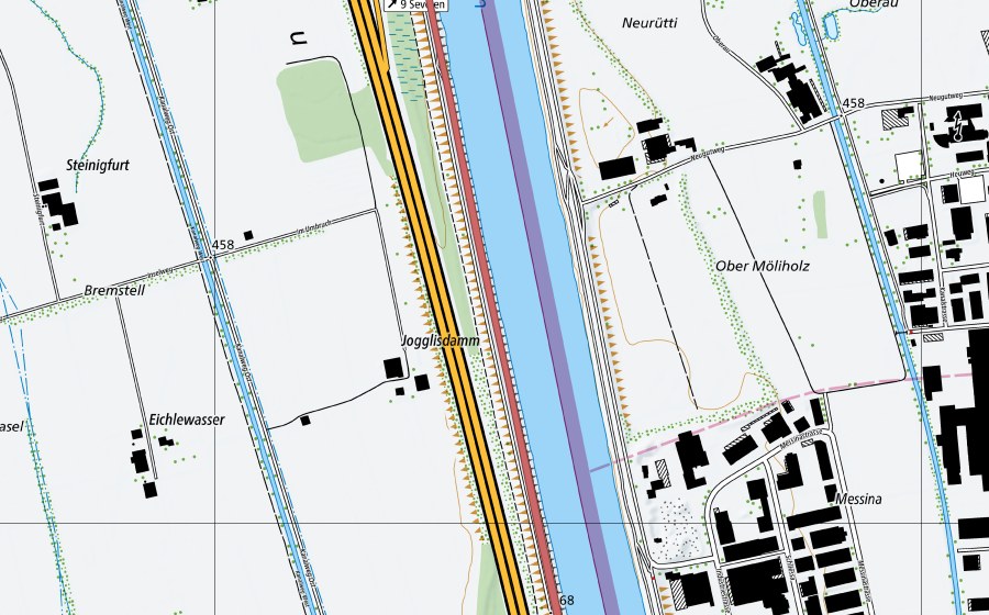 swisstopo national map showing the protected perimeter of Rheindamm Sevelen (Dry meadow)