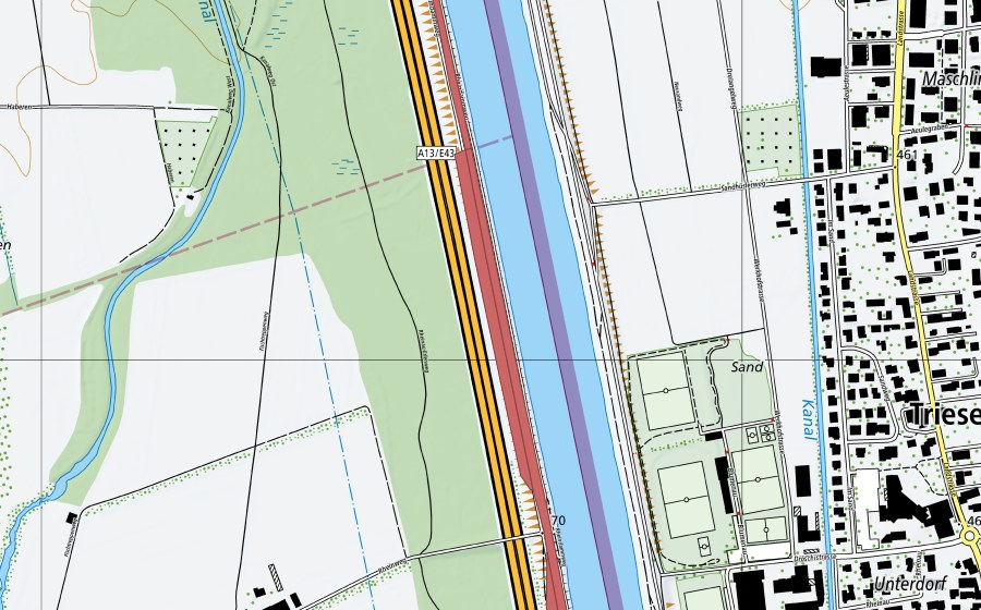 Landeskarte swisstopo mit dem Schutzperimeter von Rheindamm Sevelen (Trockenwiese)