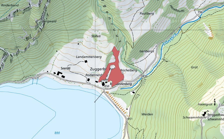 Landeskarte swisstopo mit dem Schutzperimeter von Rhodannenberg (Trockenwiese)