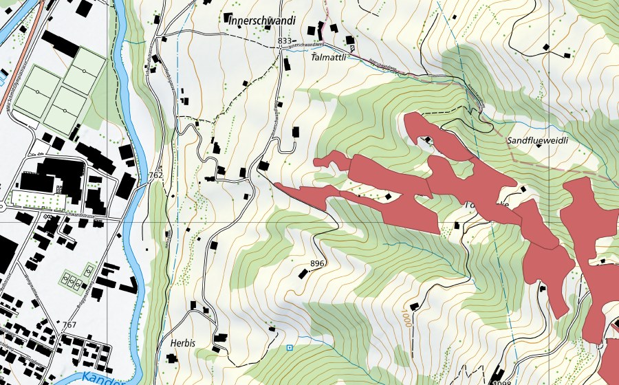 swisstopo national map showing the protected perimeter of Richige Weid (Dry meadow)