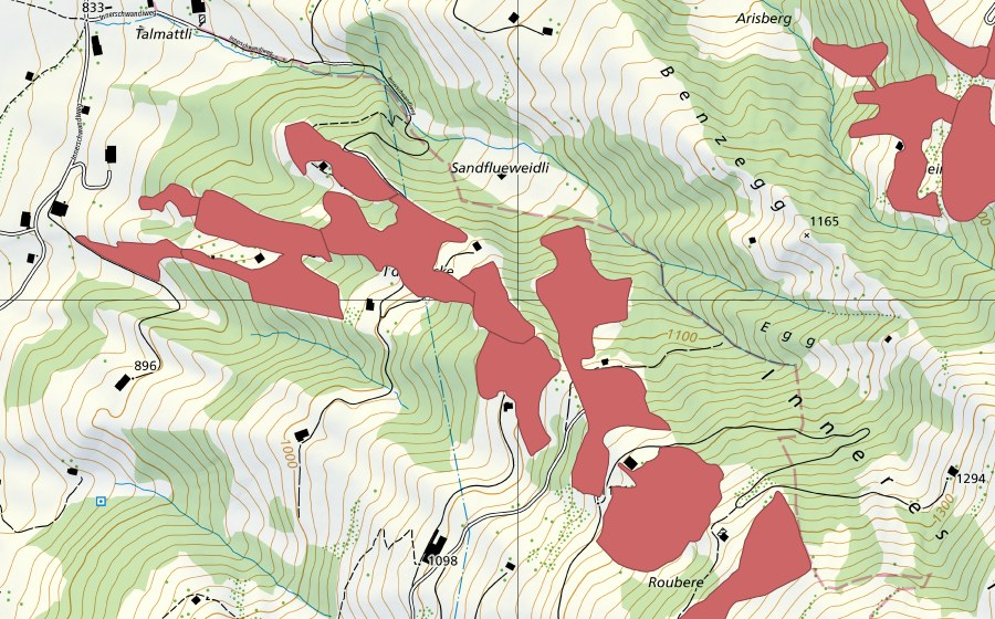 Carte nationale swisstopo avec le périmètre protégé de Richige Weid (Prairie sèche)