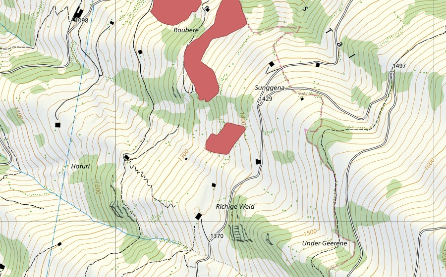 Carte nationale swisstopo avec le périmètre protégé de Richige Weid (Prairie sèche)