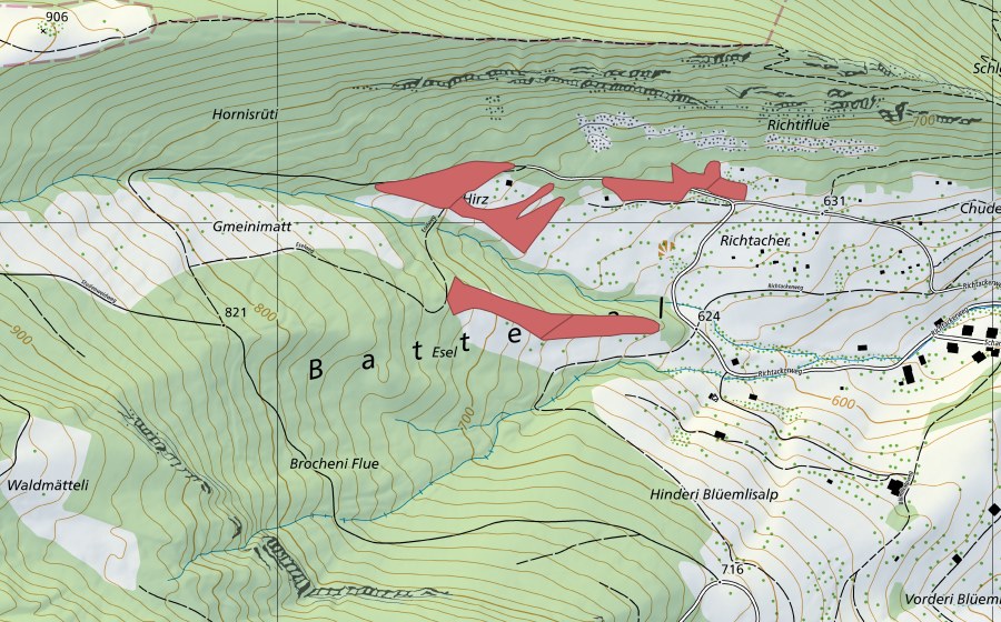 Landeskarte swisstopo mit dem Schutzperimeter von Richtacher (Trockenwiese)