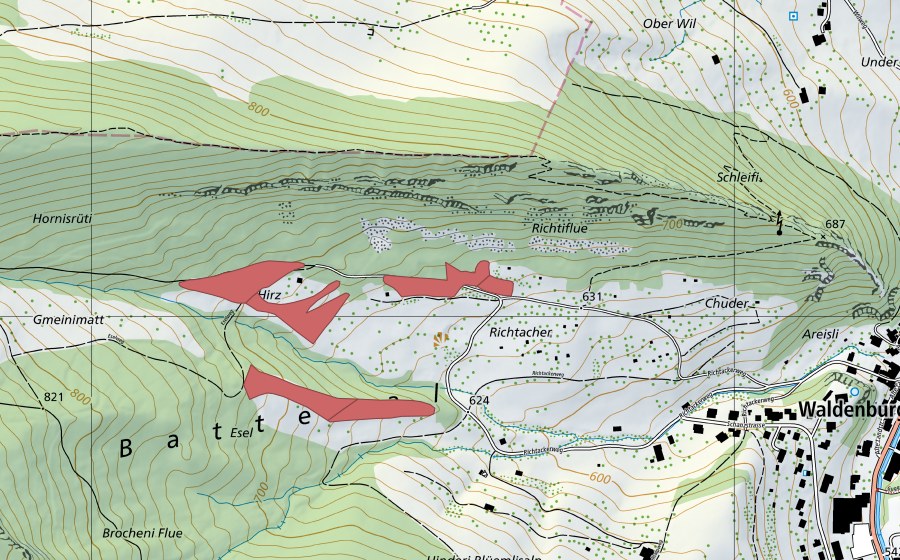 Carte nationale swisstopo avec le périmètre protégé de Richtacher (Prairie sèche)