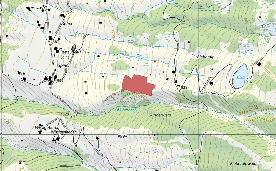 Carte nationale swisstopo avec le périmètre protégé de Rieberalp (Prairie sèche)