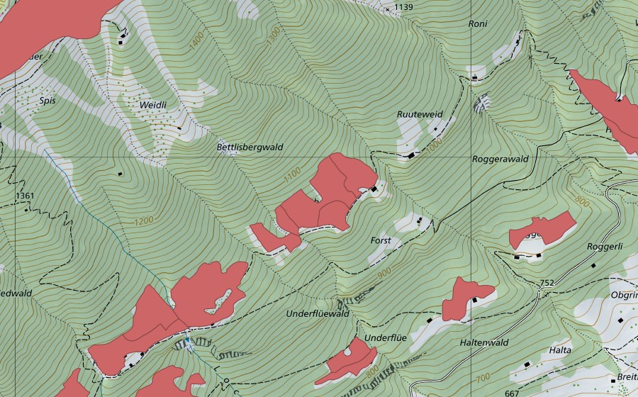 Carte nationale swisstopo avec le périmètre protégé de Ried (Prairie sèche)