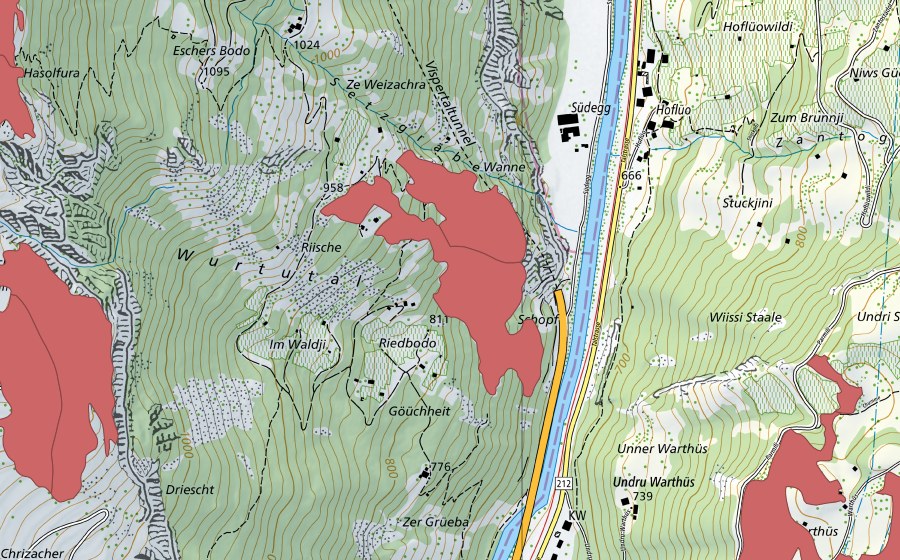 Carte nationale swisstopo avec le périmètre protégé de Riedbode (Prairie sèche)