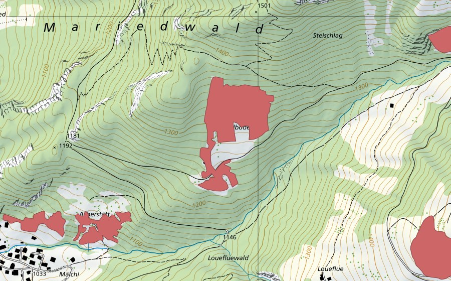 Landeskarte swisstopo mit dem Schutzperimeter von Riedbode (Trockenwiese)