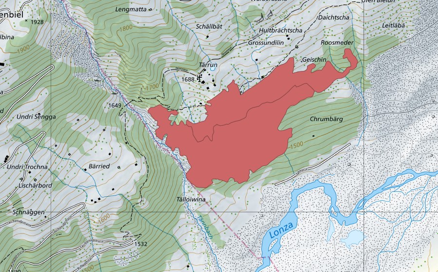 swisstopo national map showing the protected perimeter of Riedhalte (Dry meadow)
