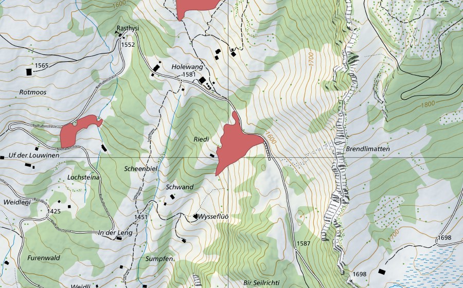 Carte nationale swisstopo avec le périmètre protégé de Riedisegg (Prairie sèche)