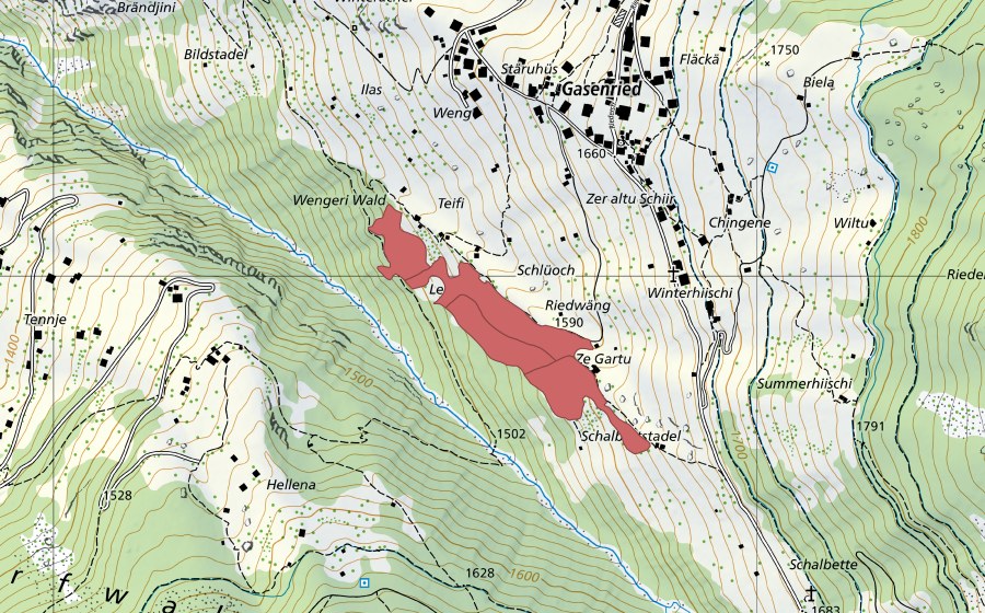 Carte nationale swisstopo avec le périmètre protégé de Riedwäng (Prairie sèche)