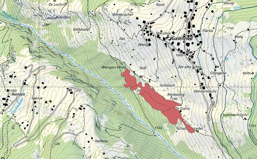 Carte nationale swisstopo avec le périmètre protégé de Riedwäng (Prairie sèche)