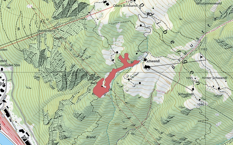 Landeskarte swisstopo mit dem Schutzperimeter von Rimiberg (Trockenwiese)