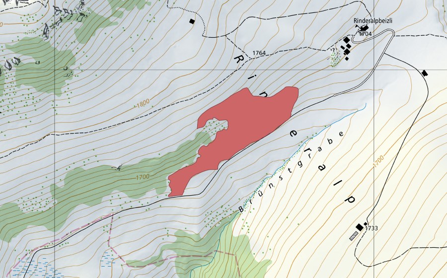 Carte nationale swisstopo avec le périmètre protégé de Rinderalp (Prairie sèche)