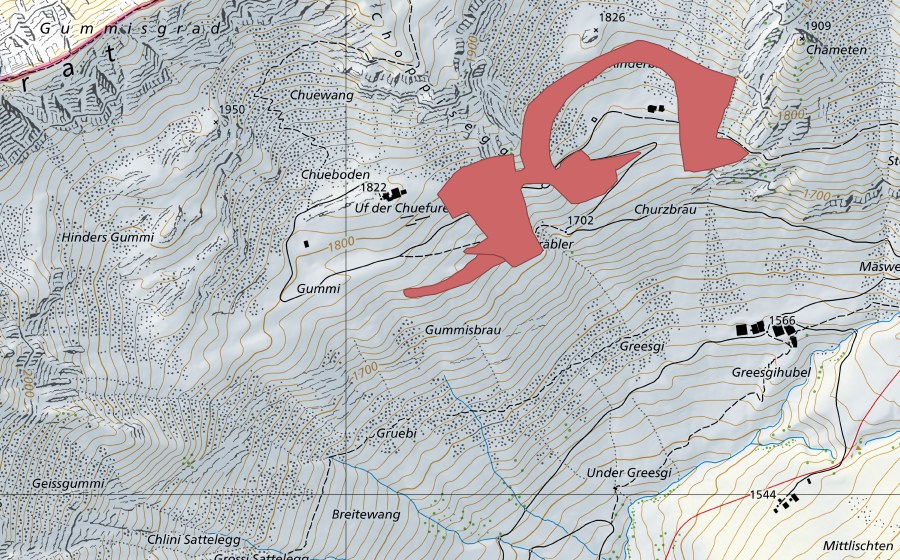 Carte nationale swisstopo avec le périmètre protégé de Rinderbiel (Prairie sèche)