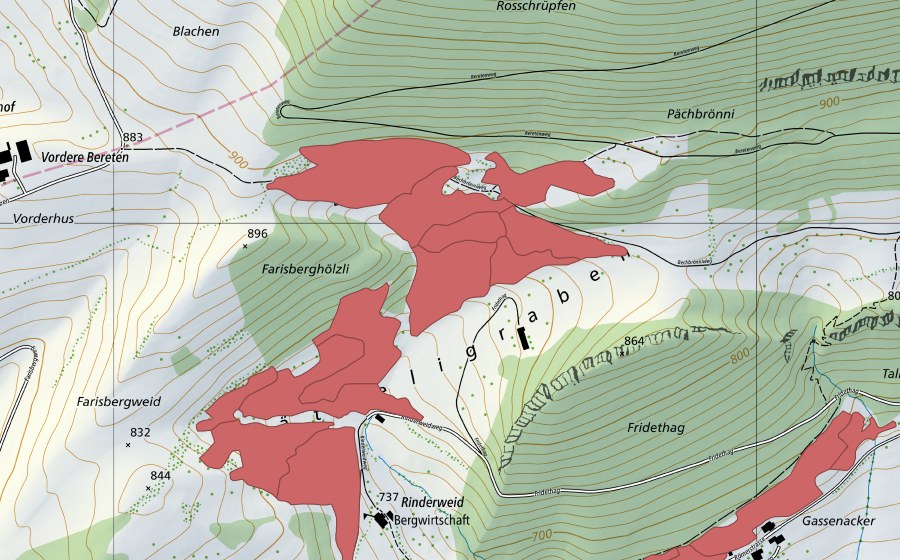 Carte nationale swisstopo avec le périmètre protégé de Rinderweid (Prairie sèche)