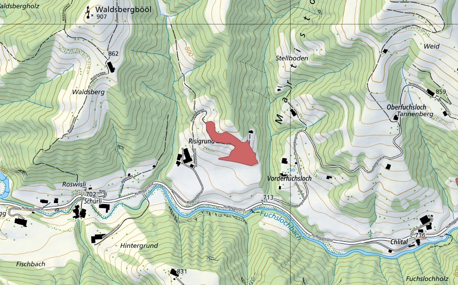 Landeskarte swisstopo mit dem Schutzperimeter von Risigrund (Trockenwiese)
