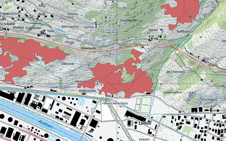 Carte nationale swisstopo avec le périmètre protégé de Ritsche (Prairie sèche)