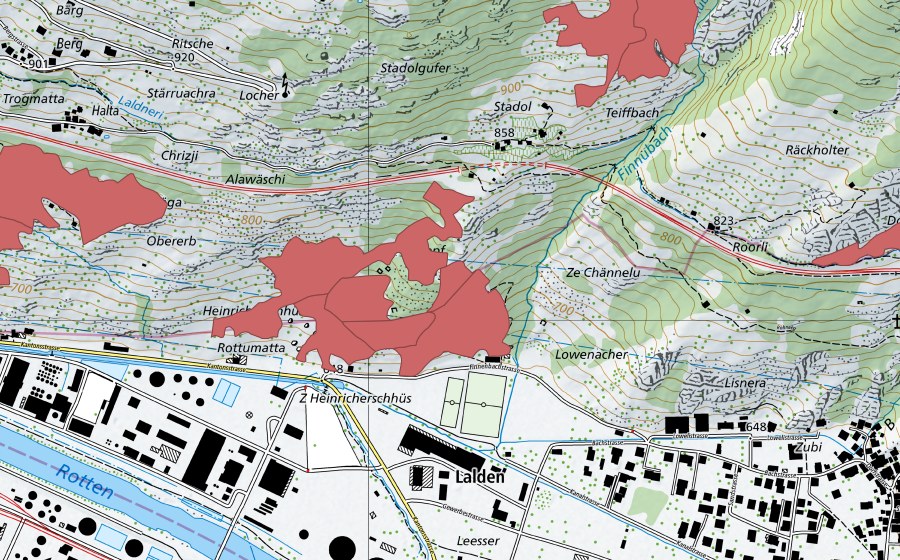 Carte nationale swisstopo avec le périmètre protégé de Ritsche (Prairie sèche)