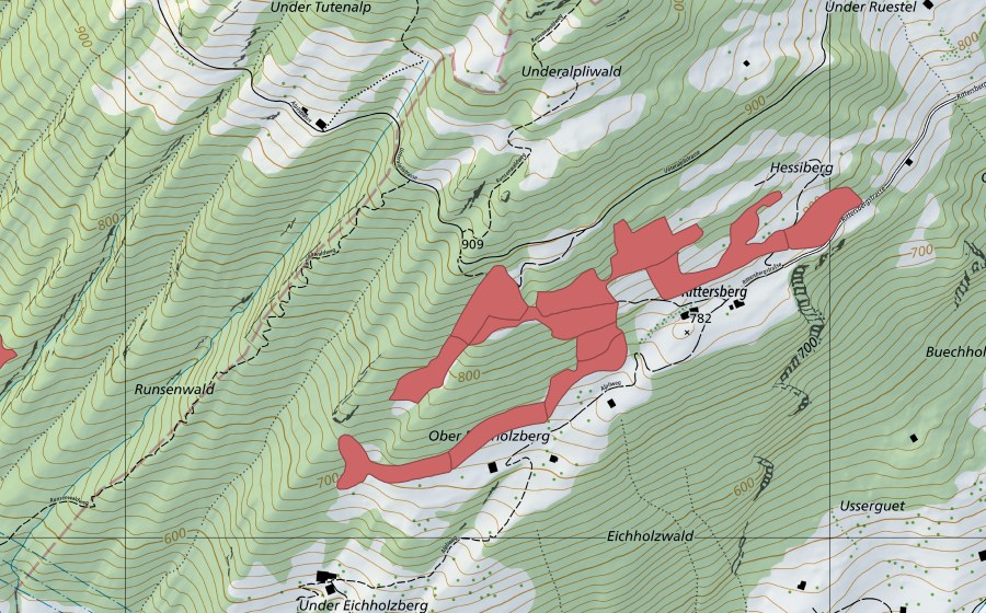 Carte nationale swisstopo avec le périmètre protégé de Rittersberg (Prairie sèche)