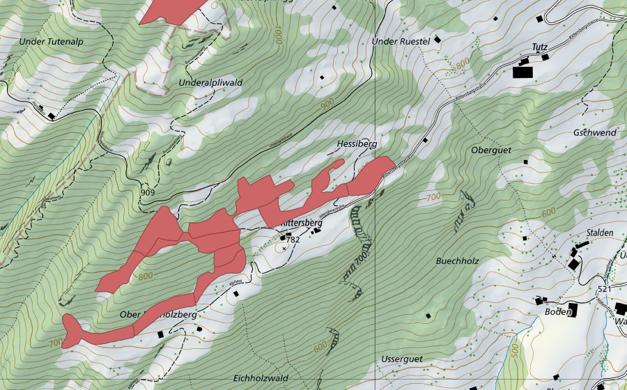 Landeskarte swisstopo mit dem Schutzperimeter von Rittersberg (Trockenwiese)