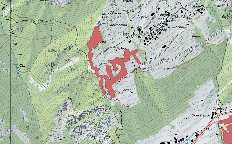 swisstopo national map showing the protected perimeter of Ritti (Dry meadow)
