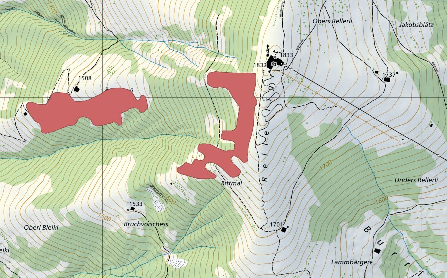 Landeskarte swisstopo mit dem Schutzperimeter von Rittmal (Trockenwiese)