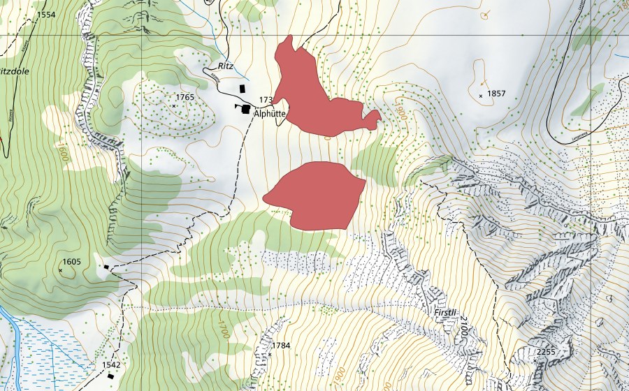Carte nationale swisstopo avec le périmètre protégé de Ritz (Prairie sèche)