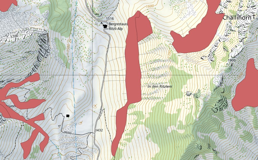 Carte nationale swisstopo avec le périmètre protégé de Ritzlialp (Prairie sèche)