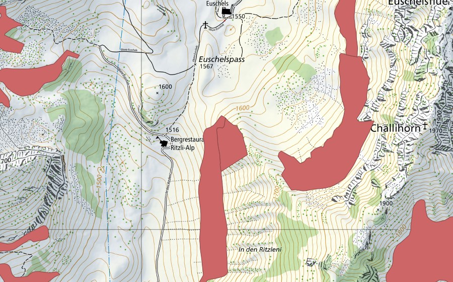 Carte nationale swisstopo avec le périmètre protégé de Ritzlialp (Prairie sèche)