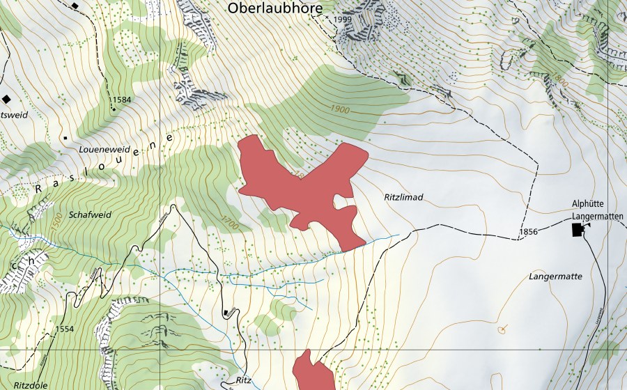 swisstopo national map showing the protected perimeter of Ritzlimad (Dry meadow)
