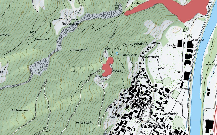 Landeskarte swisstopo mit dem Schutzperimeter von Rne. Haldenstein (Trockenwiese)