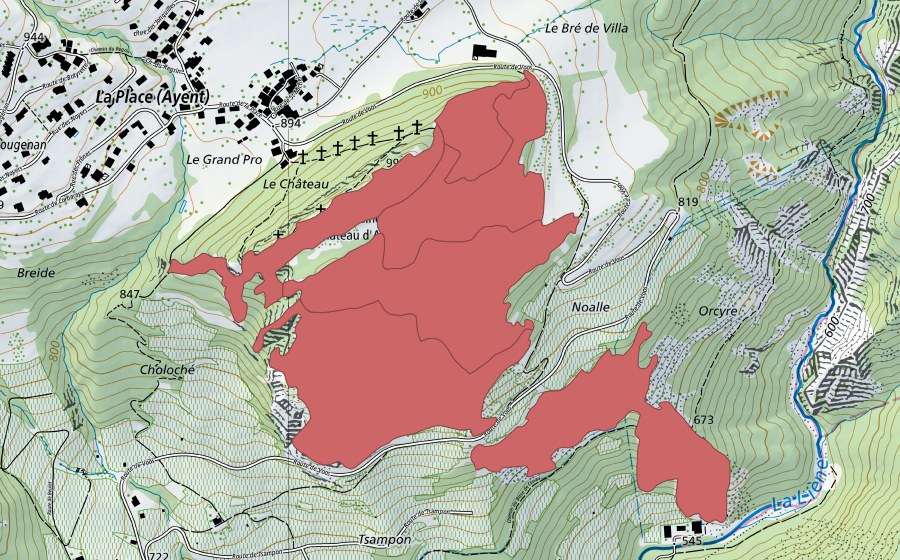 swisstopo national map showing the protected perimeter of Rnes du Chât. d'Ayent (Dry meadow)