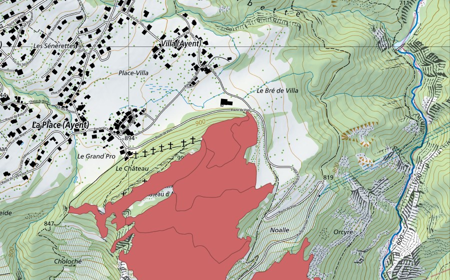 Carta nazionale swisstopo con il perimetro protetto di Rnes du Chât. d'Ayent (Prato secco)