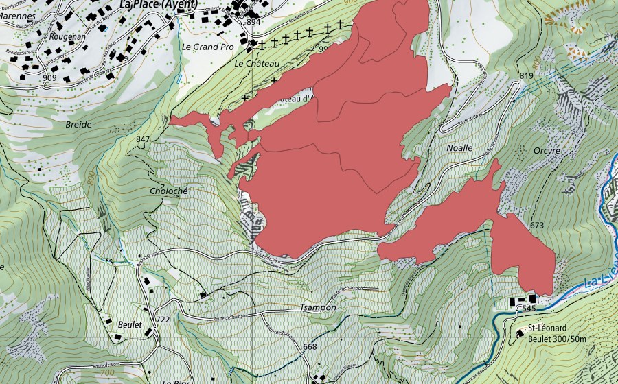 swisstopo national map showing the protected perimeter of Rnes du Chât. d'Ayent (Dry meadow)