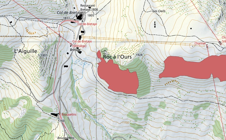 Landeskarte swisstopo mit dem Schutzperimeter von Roc à l'Ours (Trockenwiese)