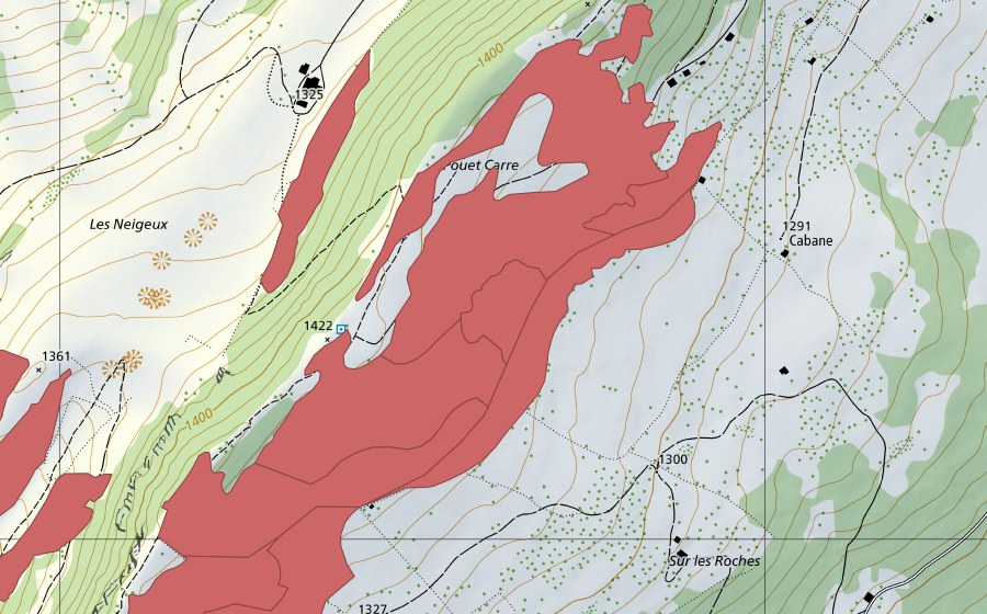 Carte nationale swisstopo avec le périmètre protégé de Rochers Bruns (Prairie sèche)